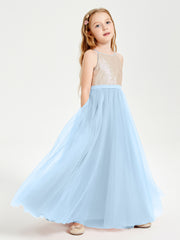 Long Junior Bridesmaid Gown Sequined Top Tulle Skirt Sky Blue
