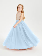 Long Junior Bridesmaid Gown Sequined Top Tulle Skirt Sky Blue