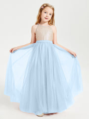 Long Junior Bridesmaid Gown Sequined Top Tulle Skirt Sky Blue