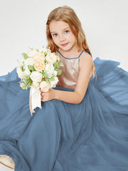 Long Junior Bridesmaid Gown Sequined Top Tulle Skirt Slate Blue