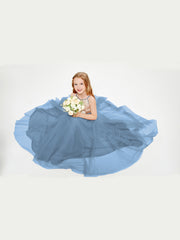 Long Junior Bridesmaid Gown Sequined Top Tulle Skirt Slate Blue