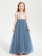 Long Junior Bridesmaid Gown Sequined Top Tulle Skirt Slate Blue
