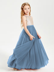 Long Junior Bridesmaid Gown Sequined Top Tulle Skirt Slate Blue