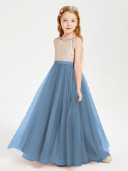 Long Junior Bridesmaid Gown Sequined Top Tulle Skirt Slate Blue