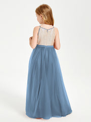 Long Junior Bridesmaid Gown Sequined Top Tulle Skirt Slate Blue