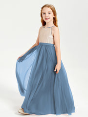 Long Junior Bridesmaid Gown Sequined Top Tulle Skirt Slate Blue