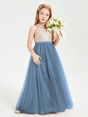 Long Junior Bridesmaid Gown Sequined Top Tulle Skirt Slate Blue