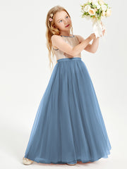 Long Junior Bridesmaid Gown Sequined Top Tulle Skirt Slate Blue