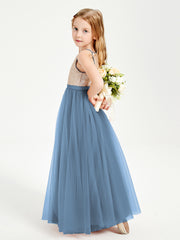 Long Junior Bridesmaid Gown Sequined Top Tulle Skirt Slate Blue