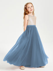 Long Junior Bridesmaid Gown Sequined Top Tulle Skirt Slate Blue