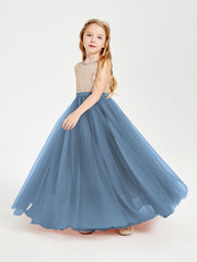 Long Junior Bridesmaid Gown Sequined Top Tulle Skirt Slate Blue