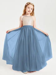 Long Junior Bridesmaid Gown Sequined Top Tulle Skirt Slate Blue