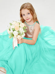 Long Junior Bridesmaid Gown Sequined Top Tulle Skirt Spa