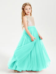 Long Junior Bridesmaid Gown Sequined Top Tulle Skirt Spa