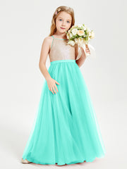 Long Junior Bridesmaid Gown Sequined Top Tulle Skirt Spa