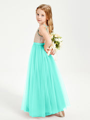 Long Junior Bridesmaid Gown Sequined Top Tulle Skirt Spa