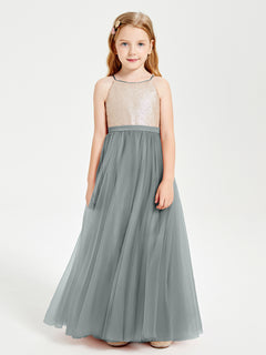 Long Junior Bridesmaid Gown Sequined Top Tulle Skirt Steel Grey