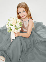 Long Junior Bridesmaid Gown Sequined Top Tulle Skirt Steel Grey