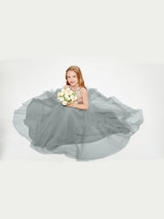 Long Junior Bridesmaid Gown Sequined Top Tulle Skirt Steel Grey