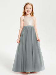Long Junior Bridesmaid Gown Sequined Top Tulle Skirt Steel Grey