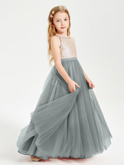 Long Junior Bridesmaid Gown Sequined Top Tulle Skirt Steel Grey