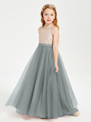 Long Junior Bridesmaid Gown Sequined Top Tulle Skirt Steel Grey