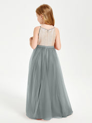 Long Junior Bridesmaid Gown Sequined Top Tulle Skirt Steel Grey