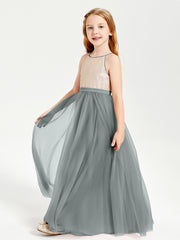 Long Junior Bridesmaid Gown Sequined Top Tulle Skirt Steel Grey