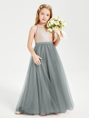 Long Junior Bridesmaid Gown Sequined Top Tulle Skirt Steel Grey
