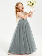 Long Junior Bridesmaid Gown Sequined Top Tulle Skirt Steel Grey