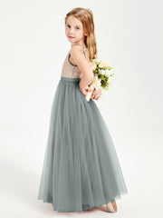Long Junior Bridesmaid Gown Sequined Top Tulle Skirt Steel Grey