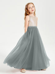 Long Junior Bridesmaid Gown Sequined Top Tulle Skirt Steel Grey