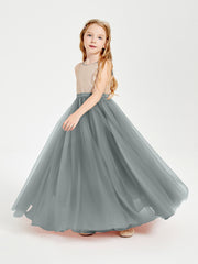 Long Junior Bridesmaid Gown Sequined Top Tulle Skirt Steel Grey