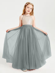 Long Junior Bridesmaid Gown Sequined Top Tulle Skirt Steel Grey