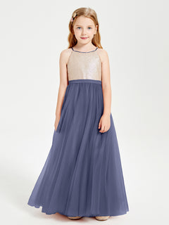 Long Junior Bridesmaid Gown Sequined Top Tulle Skirt Stormy