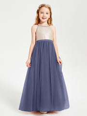 Long Junior Bridesmaid Gown Sequined Top Tulle Skirt Stormy