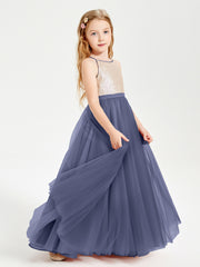 Long Junior Bridesmaid Gown Sequined Top Tulle Skirt Stormy