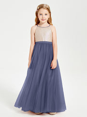 Long Junior Bridesmaid Gown Sequined Top Tulle Skirt Stormy