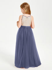 Long Junior Bridesmaid Gown Sequined Top Tulle Skirt Stormy