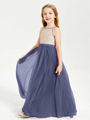 Long Junior Bridesmaid Gown Sequined Top Tulle Skirt Stormy