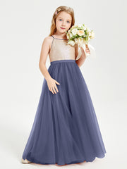 Long Junior Bridesmaid Gown Sequined Top Tulle Skirt Stormy