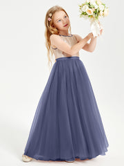 Long Junior Bridesmaid Gown Sequined Top Tulle Skirt Stormy