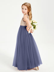Long Junior Bridesmaid Gown Sequined Top Tulle Skirt Stormy