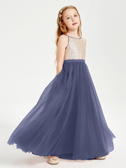 Long Junior Bridesmaid Gown Sequined Top Tulle Skirt Stormy