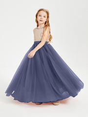 Long Junior Bridesmaid Gown Sequined Top Tulle Skirt Stormy