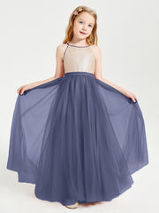 Long Junior Bridesmaid Gown Sequined Top Tulle Skirt Stormy