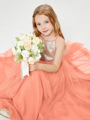 Long Junior Bridesmaid Gown Sequined Top Tulle Skirt Sunset