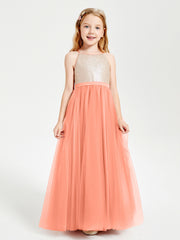 Long Junior Bridesmaid Gown Sequined Top Tulle Skirt Sunset