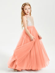 Long Junior Bridesmaid Gown Sequined Top Tulle Skirt Sunset