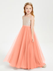 Long Junior Bridesmaid Gown Sequined Top Tulle Skirt Sunset